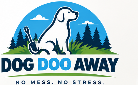 Option 8 Dog Doo Away primary logo concept with a dog, grass and evergreen trees