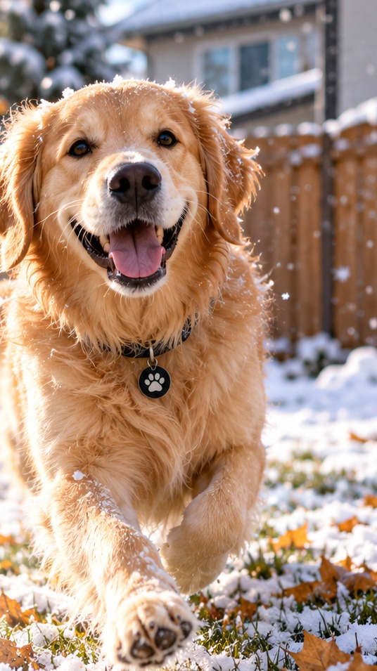 Illustrative image of a golden retriever playing in a snowy backyard